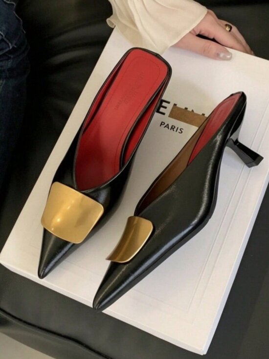 Black Fashionable Women's Pointed Toe Metal Buckle High Heel Pumps - Picture 2 of 8